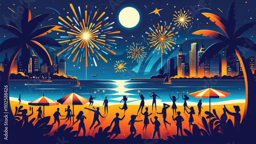 illustration of a beach atmosphere with a night sky filled with fireworks, and people partying happily m