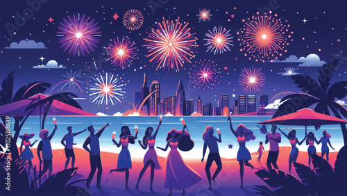 illustration of a beach atmosphere with a night sky filled with fireworks, and people partying happily m