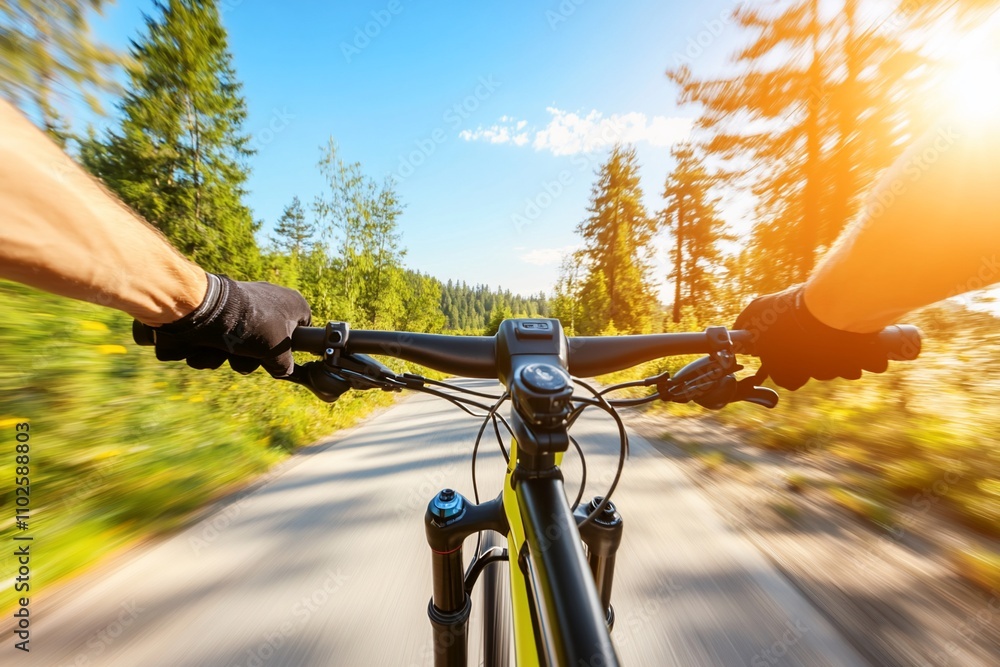 Cyclist's perspective on a sunny trail surrounded by trees. Cyclist's perspective on a sunny trail surrounded by trees.