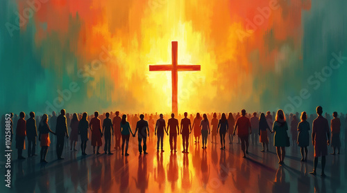 cross in the sky Jesus silhouette with Many people around the cross, Christian concept, sunset , modern painting, generative ai