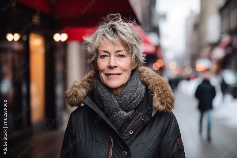 Portrait of a happy senior woman in winter clothes in the city Portrait of a happy senior woman in winter clothes in the city