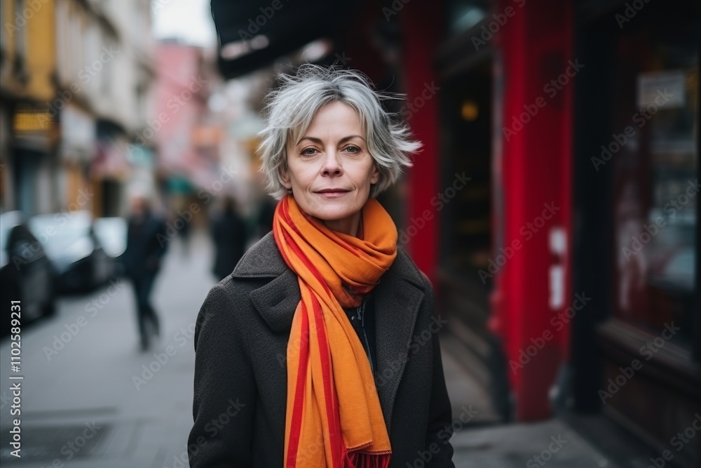 Mature woman with red scarf in the city. Portrait. Mature woman with red scarf in the city. Portrait.