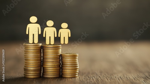 Wooden figures standing on decreasing stacks of coins representing economic inequality