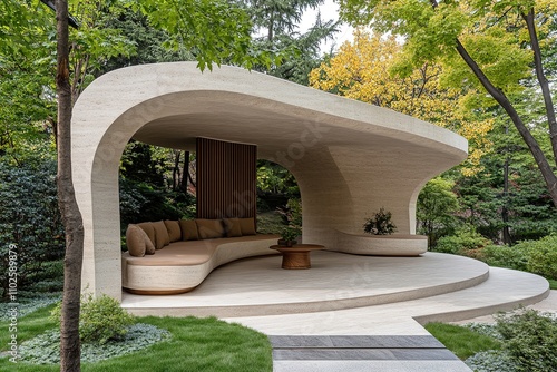 Modern minimalist concrete gazebo embracing nature in lush green garden photo