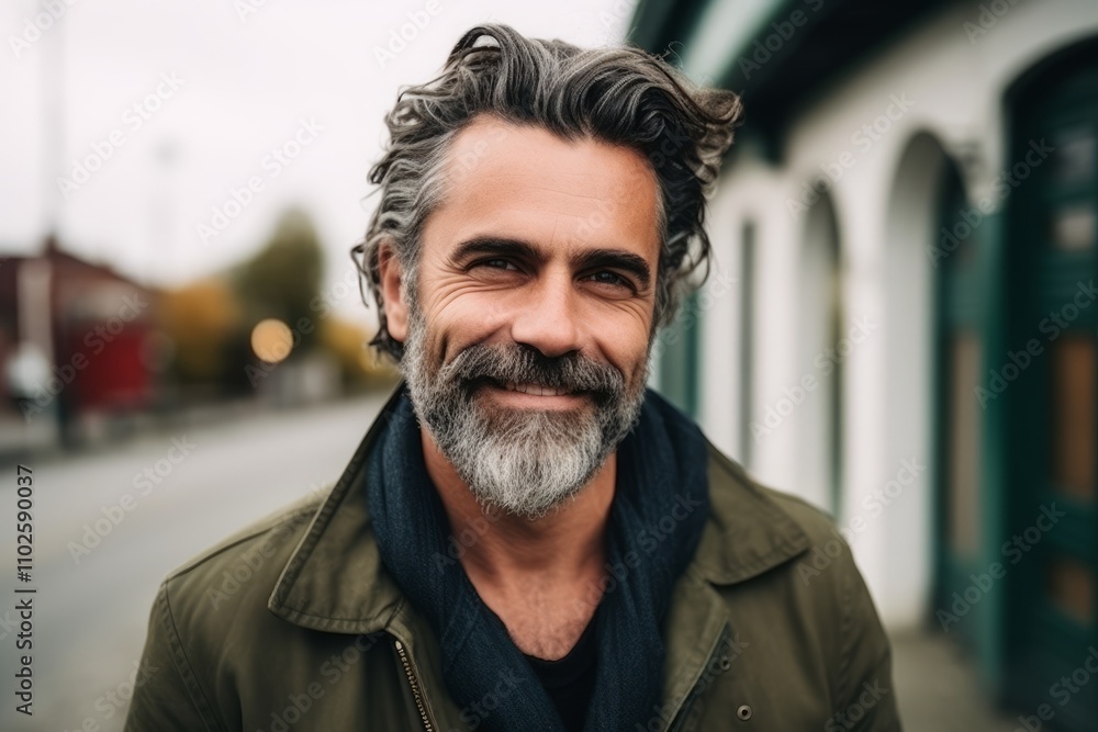 Portrait of a handsome middle-aged man with long gray hair and beard in the city. Portrait of a handsome middle-aged man with long gray hair and beard in the city.