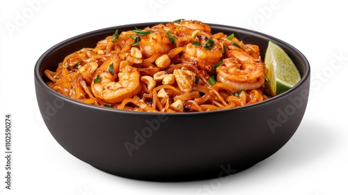 Delicious pad thai with shrimp and peanuts in black bowl