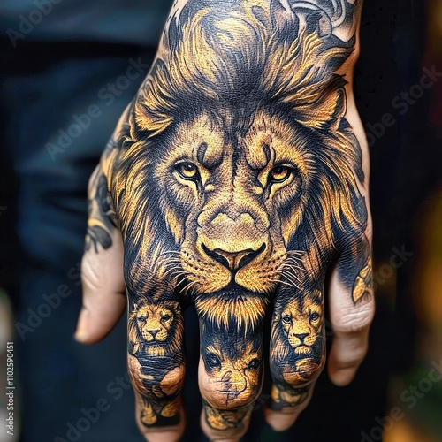 Intricate lion tattoo design showcasing a majestic lion's face intertwined with cubs on an artist's hand photo