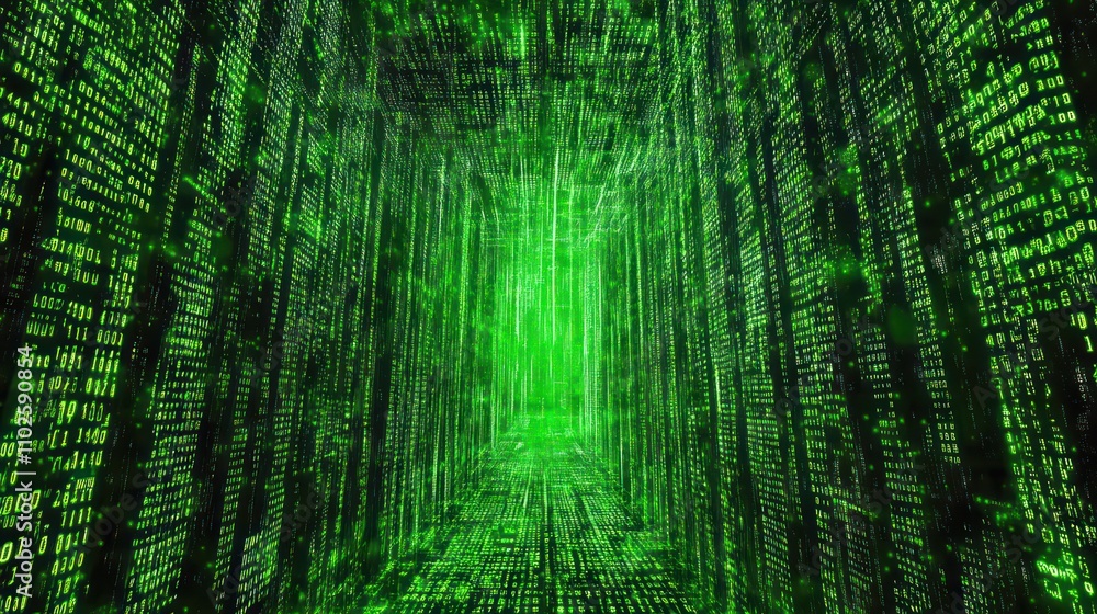 A digital tunnel filled with green binary code, representing data flow and technology. A digital tunnel filled with green binary code, representing data flow and technology.