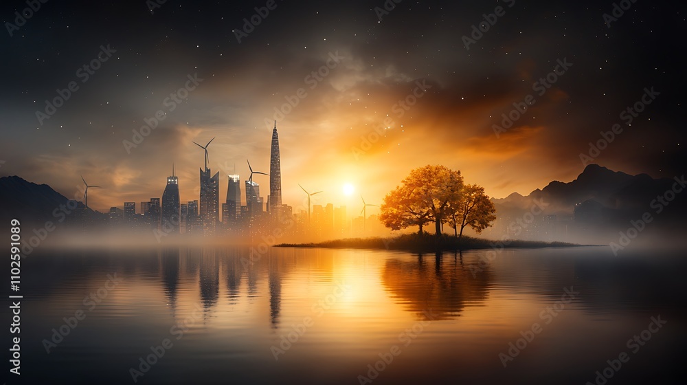 A vibrant cityscape at night illuminated by the glow of solar panels and wind turbines, contrasting with dark areas representing energy wastage. The scene highlights innovative solutions to A vibrant cityscape at night illuminated by the glow of solar panels and wind turbines, contrasting with dark areas representing energy wastage. The scene highlights innovative solutions to