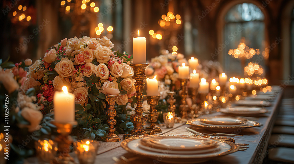 Elegant table setting with flowers and candles at a romantic evening event in a grand hall. Generative AI Elegant table setting with flowers and candles at a romantic evening event in a grand hall. Generative AI