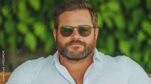 Confident man in sunglasses relaxing outdoors with lush green foliage background