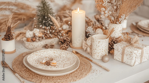 Rustic holiday table setting with candles and natural decor elements