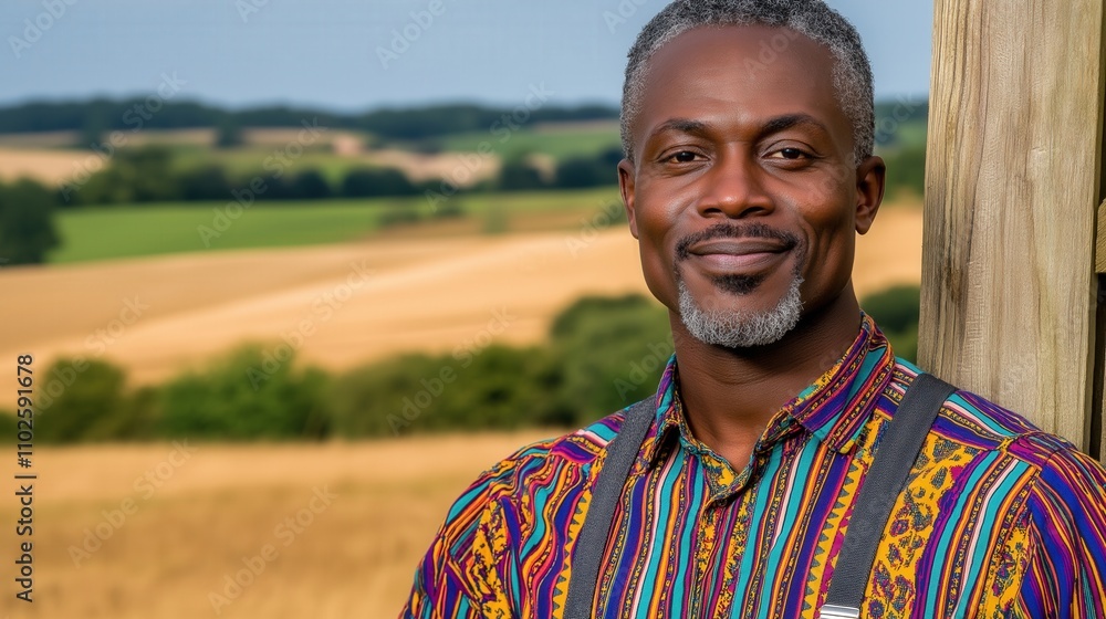 Smiling man in vibrant shirt enjoys scenic countryside landscape Smiling man in vibrant shirt enjoys scenic countryside landscape