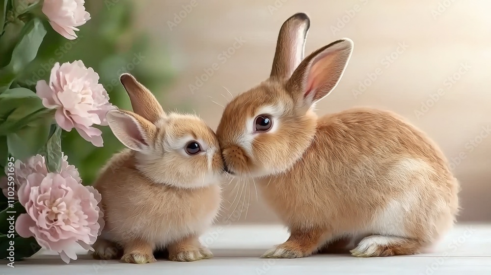 Obraz premium Adorable bunnies nuzzling among pink flowers: cute rabbit pair