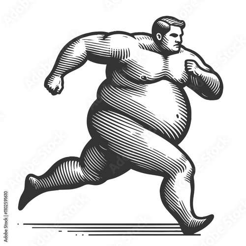 overweight man depicted in an active running pose, determination and movement sketch engraving generative ai vector illustration. Scratch board imitation. Black and white image.