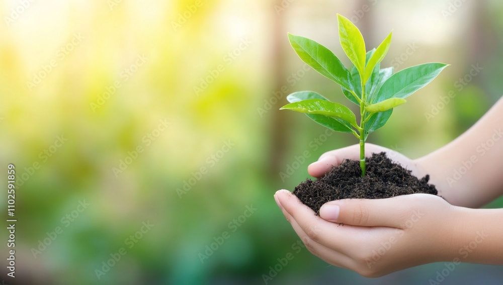 A person holding a young plant in soil, symbolizing growth and care. A person holding a young plant in soil, symbolizing growth and care.