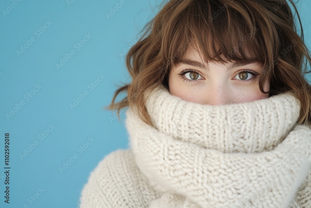 A close-up portrait of a person wrapped in a cozy sweater. A close-up portrait of a person wrapped in a cozy sweater.