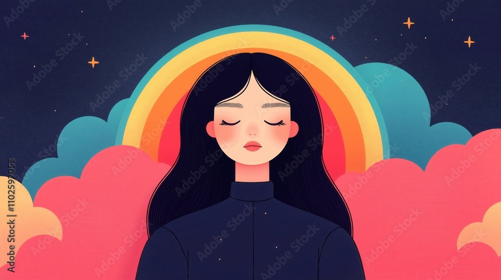 Serene woman in dreamy colorful landscape with rainbow and clouds Serene woman in dreamy colorful landscape with rainbow and clouds