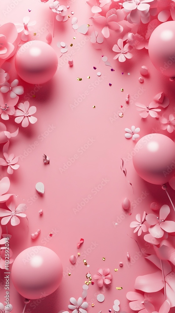 Pink Balloon and Paper Flower Festive Background Pink Balloon and Paper Flower Festive Background