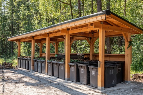 Outdoor Recycling Station with Wooden Shelter in Forest Environment