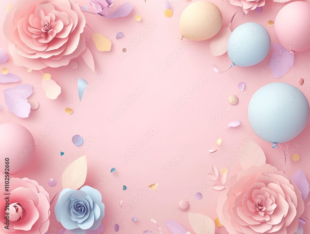 Pastel Pink Floral Background with Balloons and Confetti - Feminine Birthday or Celebration Design Pastel Pink Floral Background with Balloons and Confetti - Feminine Birthday or Celebration Design