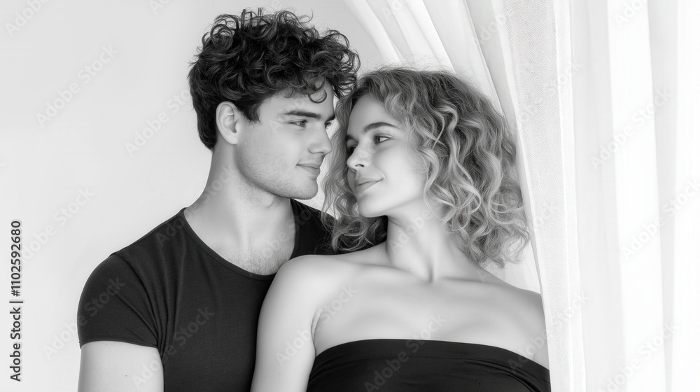 Romantic black and white portrait of a young couple gazing lovingly Romantic black and white portrait of a young couple gazing lovingly
