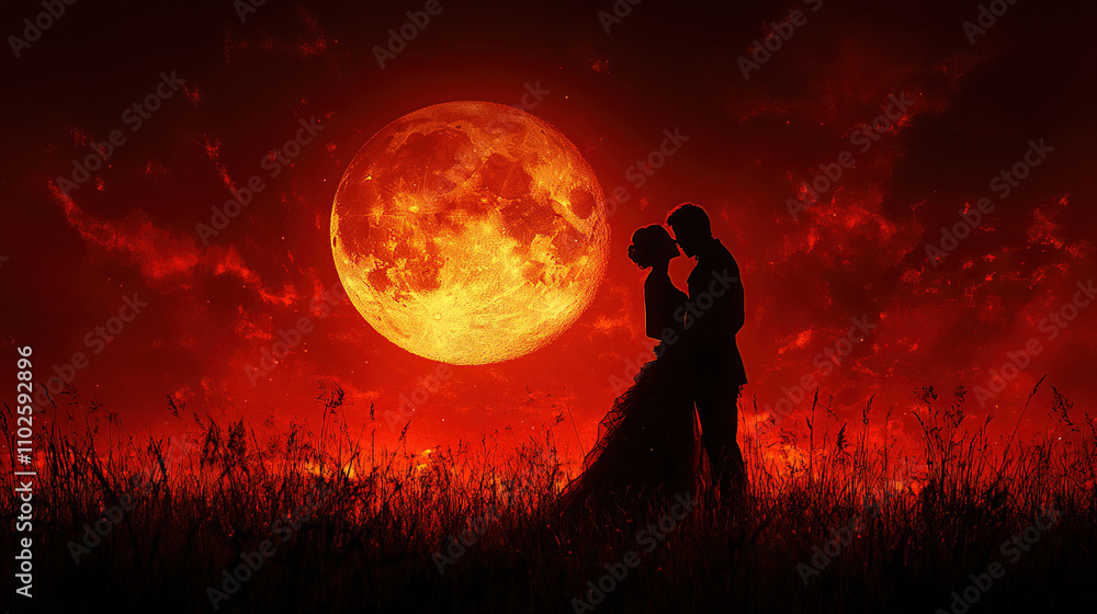 Couple embraces in front of a large glowing moon against a dramatic red sky at twilight. Generative AI Couple embraces in front of a large glowing moon against a dramatic red sky at twilight. Generative AI