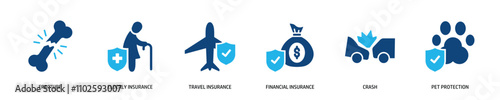 Set of glyph solid icons related insurance, risk, safety, protection. Perfect pixel on transparent background