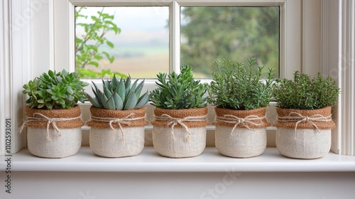 Wallpaper Mural Succulent plants in rustic burlap pots on a sunny windowsill Torontodigital.ca