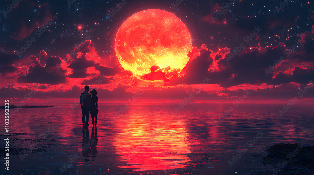 Couples enjoy a romantic evening under a vibrant red moon reflecting on calm waters. Generative AI Couples enjoy a romantic evening under a vibrant red moon reflecting on calm waters. Generative AI