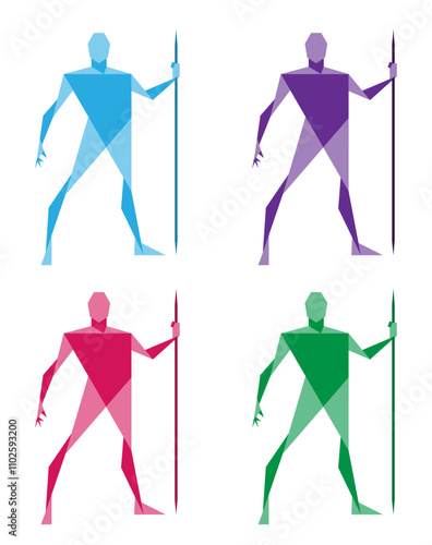 Man posing with javelin or spear. Geometric art graphic. Male human body gesture drawing. Figure silhouette. Vector illustration image.
