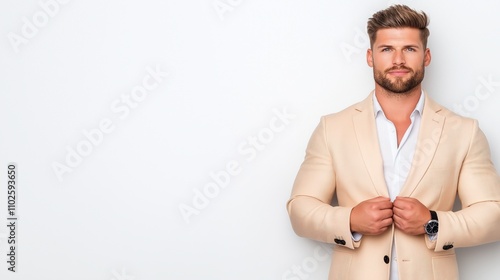 Confident young man in stylish beige suit against minimalist white background