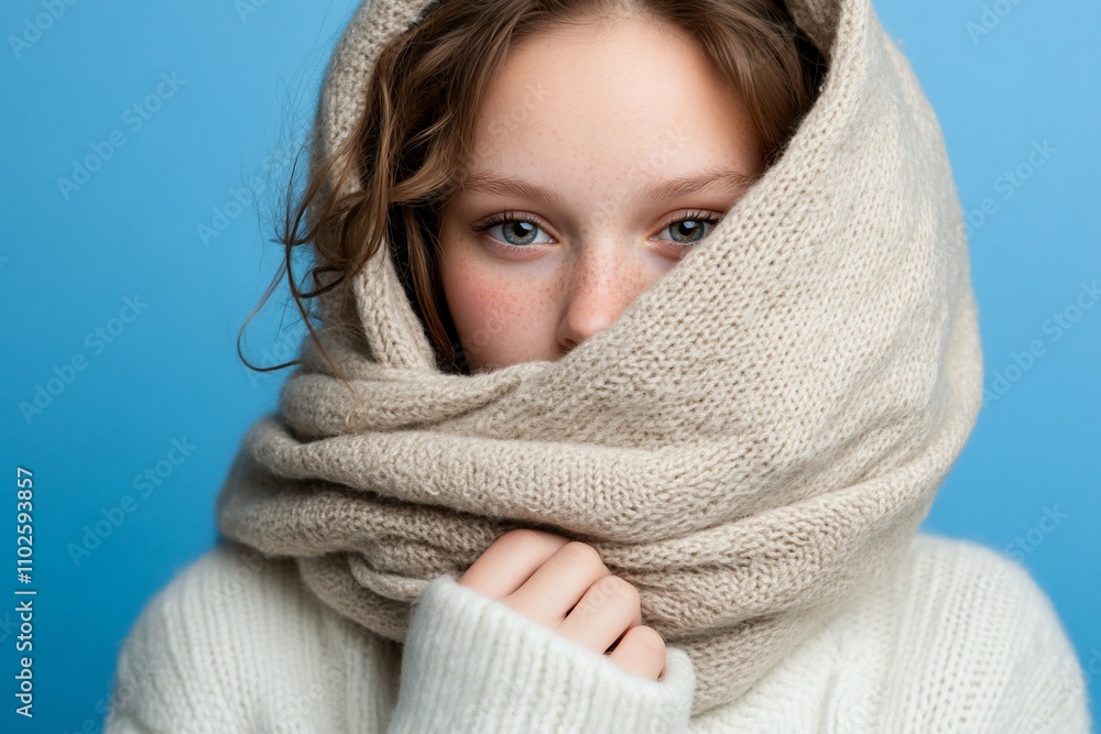 A young person wrapped in a cozy scarf against a blue background. A young person wrapped in a cozy scarf against a blue background.