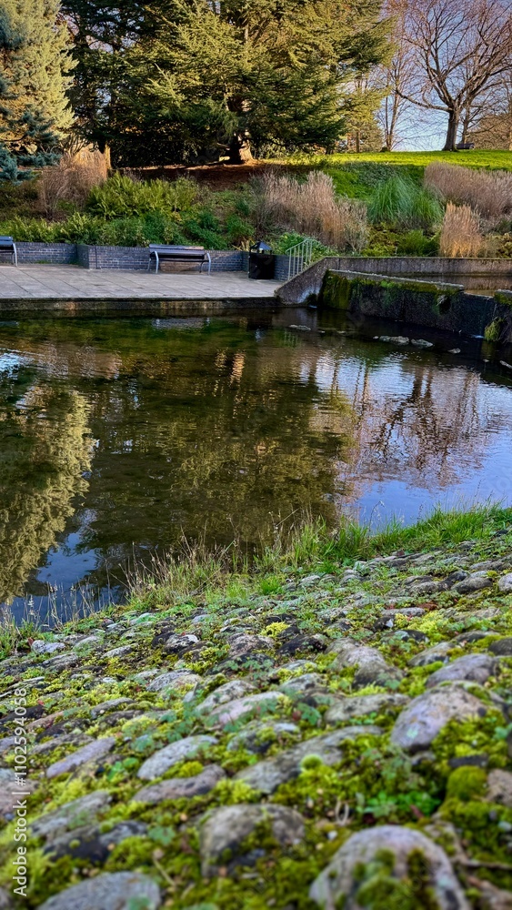 Fototapeta premium Autumn in the park. Artificial pond in a park in England and moss-covered stones.