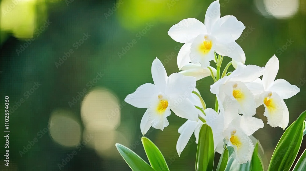 Beautiful White Orchids with Yellow Centers Against a Soft Background Beautiful White Orchids with Yellow Centers Against a Soft Background