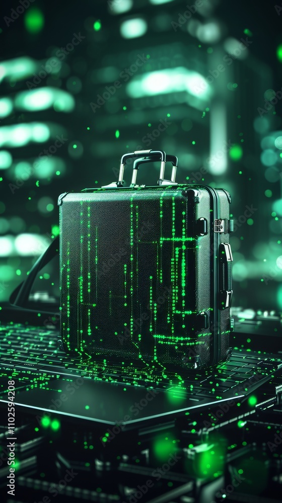 Fototapeta premium A black and green suitcase with glowing digital patterns, set in a futuristic cyber-inspired environment, represents innovation and modern technology. AI generated.