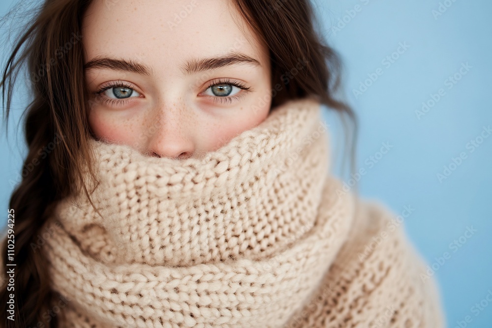 A close-up portrait of a young woman wrapped in a cozy scarf. A close-up portrait of a young woman wrapped in a cozy scarf.
