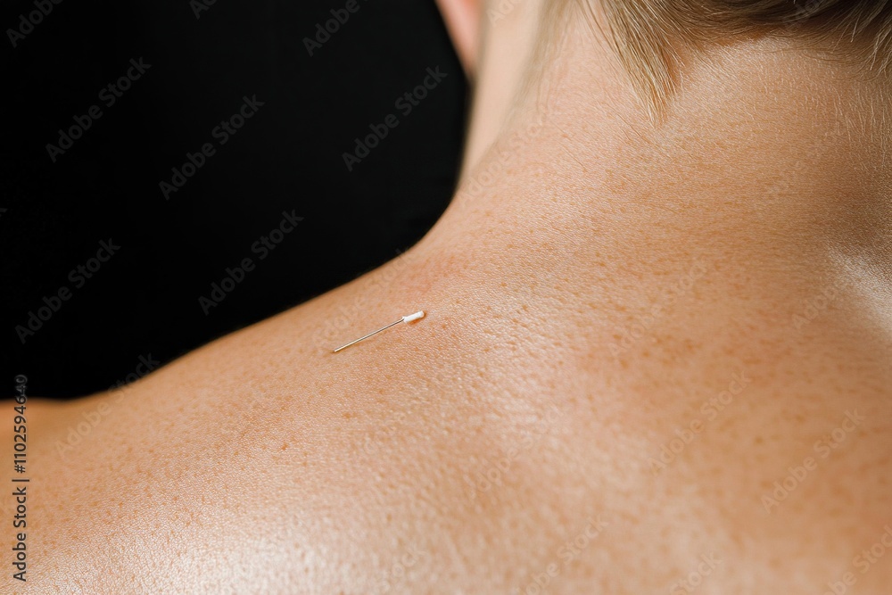 Close-up of the back neck and shoulder area, an acupuncturist is using several thin metal needles to treat for pain relief on her upper body. Close-up of the back neck and shoulder area, an acupuncturist is using several thin metal needles to treat for pain relief on her upper body.