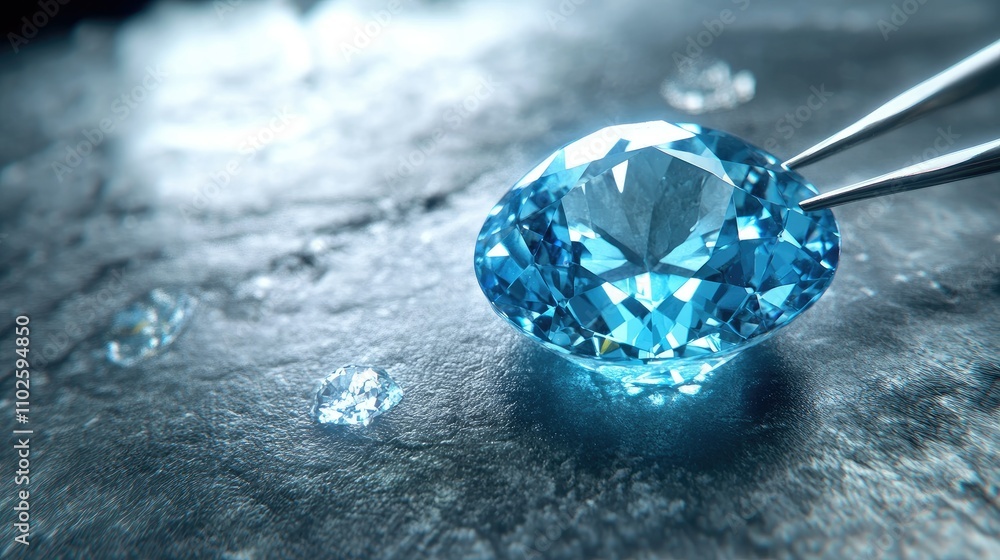 Sparkling Blue Gemstone on Dark Stone Surface with Lighting Reflection Sparkling Blue Gemstone on Dark Stone Surface with Lighting Reflection