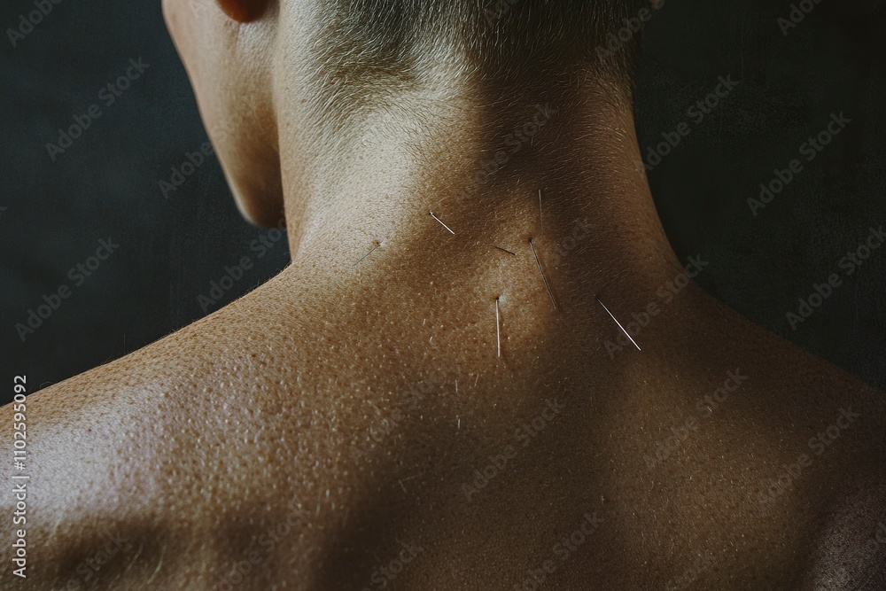 Fototapeta premium Close-up of the back neck and shoulder area, an acupuncturist is using several thin metal needles to treat for pain relief on her upper body. 
