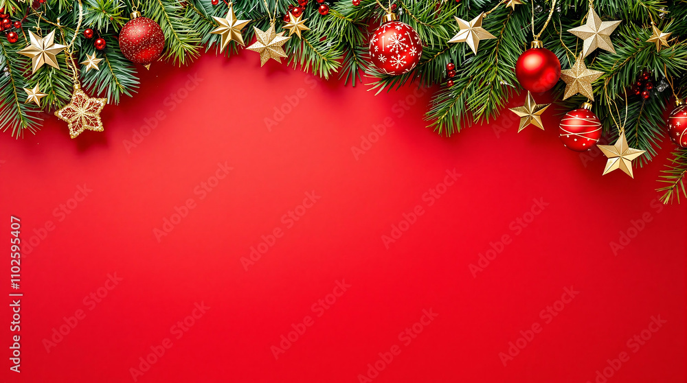 Christmas border with fir branches, red ornaments, and gold stars on a red background. Perfect for holiday cards, invitations, or festive designs. Christmas border with fir branches, red ornaments, and gold stars on a red background. Perfect for holiday cards, invitations, or festive designs.