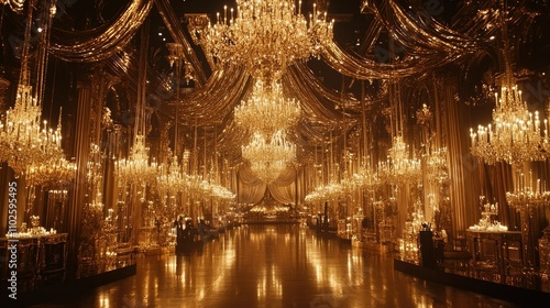 Opulent Grand Hall Adorned with Crystal Chandeliers and Golden Accents