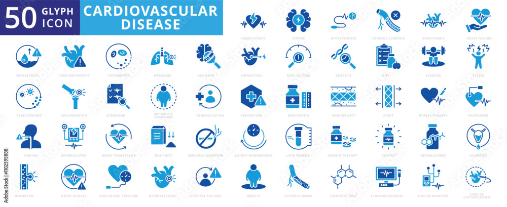 Cardiovascular disease icon set of atherosclerosis, hyperlipidemia, inflammation, hypertension, defibrillator, exercise, diet, stress, medication, prevention, cholesterol, obesity, heart attack Cardiovascular disease icon set of atherosclerosis, hyperlipidemia, inflammation, hypertension, defibrillator, exercise, diet, stress, medication, prevention, cholesterol, obesity, heart attack