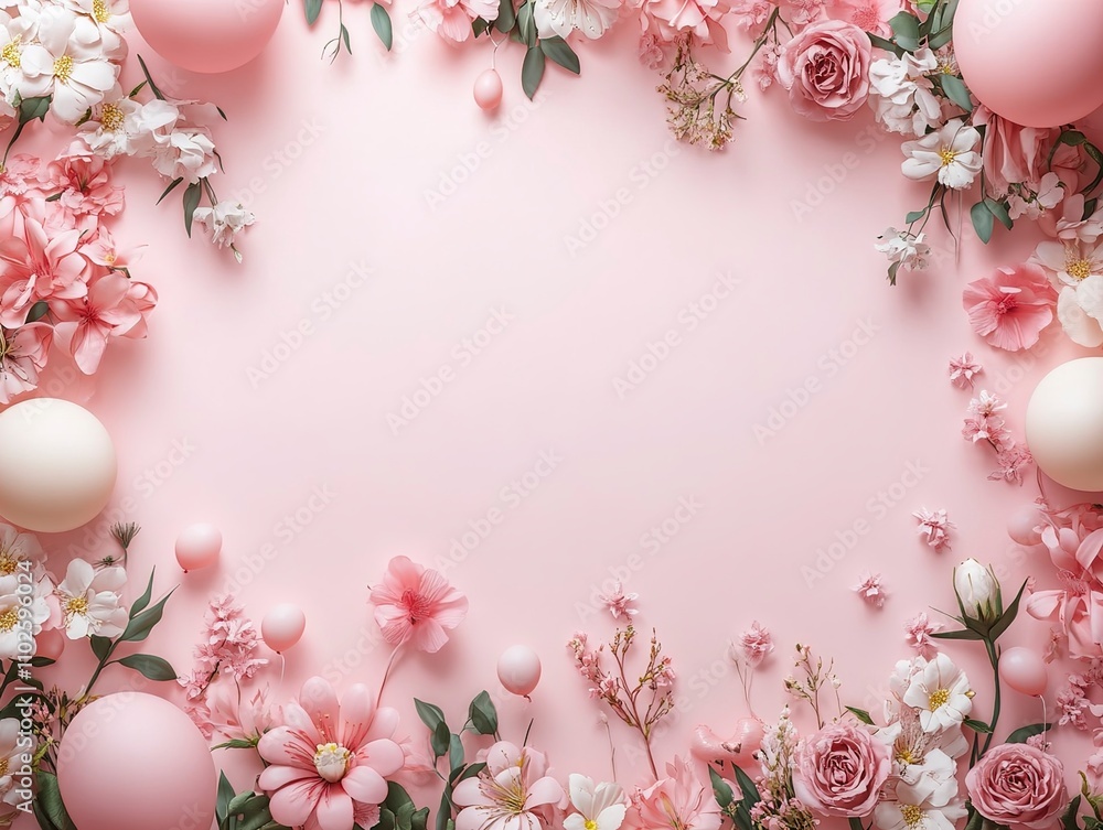 Pastel Pink Floral Frame with Balloons and Copy Space Elegant Background for Wedding, Birthday, or Pastel Pink Floral Frame with Balloons and Copy Space Elegant Background for Wedding, Birthday, or
