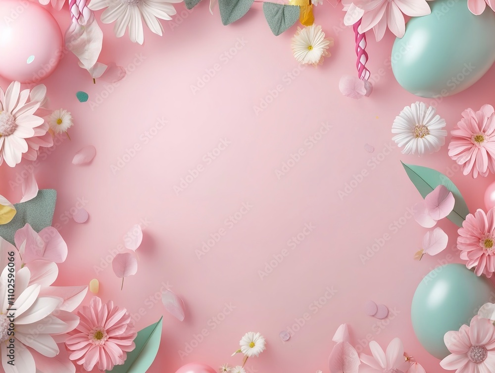 Pastel Pink Floral Frame with Balloons and Confetti - Spring or Birthday Background Pastel Pink Floral Frame with Balloons and Confetti - Spring or Birthday Background