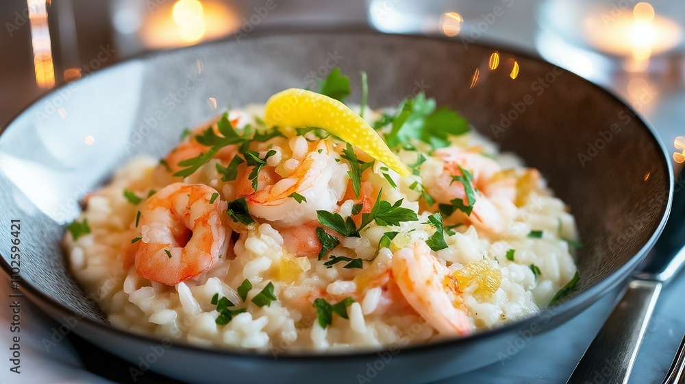 Shrimp Risotto with Lemon Garnish: A tantalizing close-up of a creamy shrimp risotto, adorned with a vibrant lemon slice and fresh parsley, evoking a taste of the Mediterranean. Shrimp Risotto with Lemon Garnish: A tantalizing close-up of a creamy shrimp risotto, adorned with a vibrant lemon slice and fresh parsley, evoking a taste of the Mediterranean.