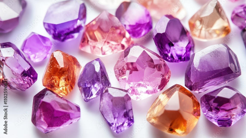 Colorful Variety of Amethyst and Quartz Crystals on White Background Colorful Variety of Amethyst and Quartz Crystals on White Background