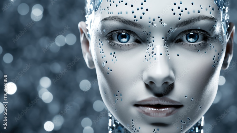Hypothetical Future: Portrait of a Human-like Robot with Reflective Skin and Luminous Blue Eyes Against a Sparkling Background of Lights Hypothetical Future: Portrait of a Human-like Robot with Reflective Skin and Luminous Blue Eyes Against a Sparkling Background of Lights