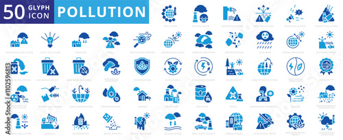 Pollution icon set water, light, plastic, air, marine, soil, pollution, pollen, chemical, smog, industrial, sustainable, global warming, biodiversity, radioactive, deforestation, conservation, sewage