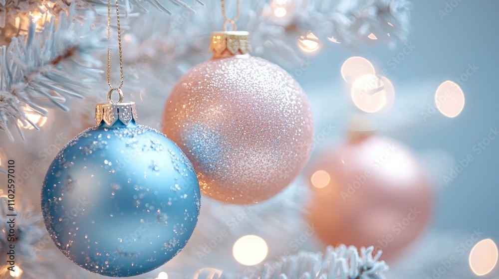 Close up of beautiful pastel pink and blue colored bauble ornaments on branches of white christmas tree Close up of beautiful pastel pink and blue colored bauble ornaments on branches of white christmas tree